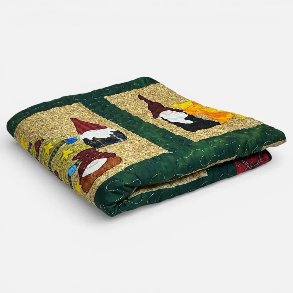 Christmas Gnome Patchwork Quilt Coverlet 92x78 Handmade Folk Art Bedspread